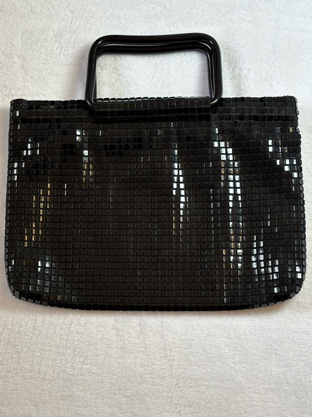 Vintage 1960s Lumured Black Mod Handbag Top Handle Purse Plastic Tile Mesh